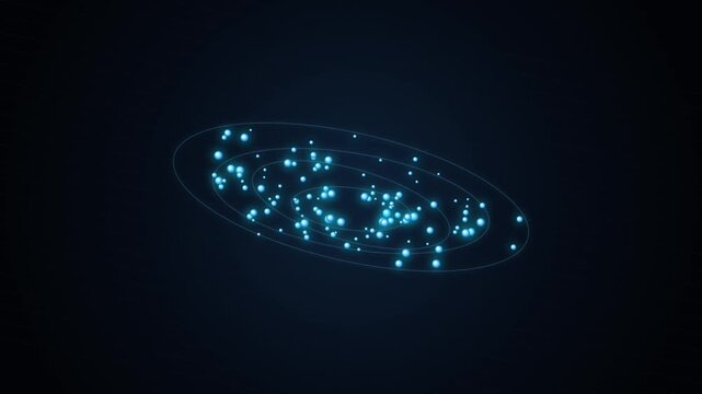 Blue glowing digital particle orbits rotating in space background loop video motion animation