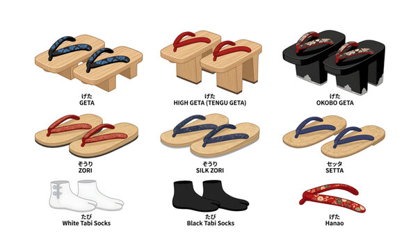 Collection of traditional Japanese footwear and accessories.