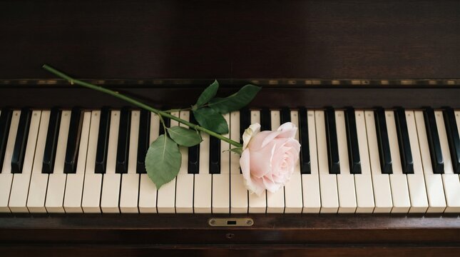 Pale pink rose lying diagonally across vintage piano keyboard, elegant overhead floral still life combining romantic beauty with classical music