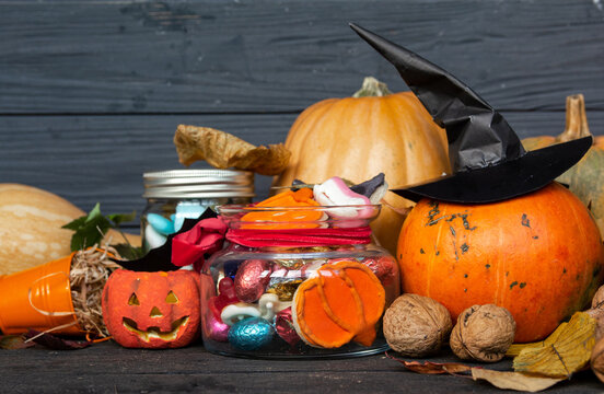 Halloween Jack o Lantern candy bowl with candy and halloween cookies Trick or Treat	