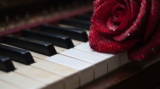 Single rose on a piano key covered with sparkling water droplets in dramatic closeup combining romantic red petals and classic musical elegance