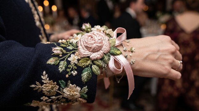Single rose on a piano key inspired embroidered floral corsage with pink ribbon and delicate handmade details on elegant sleeve at formal celebration