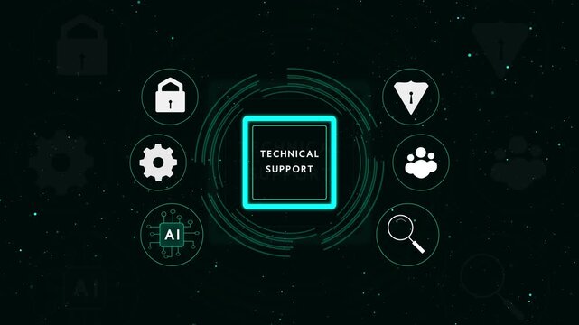 Technical support animation connects digital service icons to a hub. Online customer assistance workflows guide this technical support. IT service troubleshooting infrastructure powers the support.