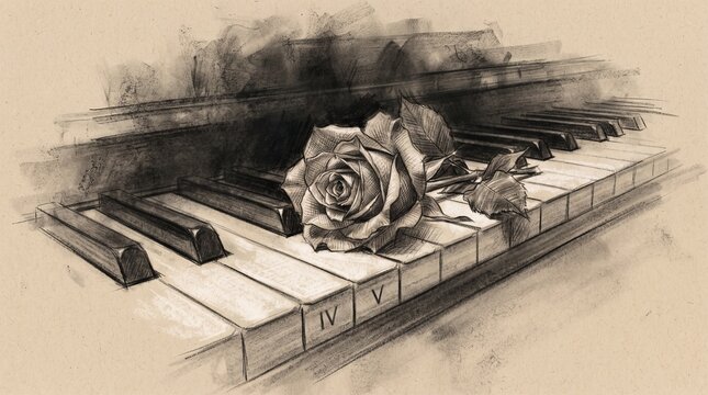 Single rose on a piano key in detailed charcoal pencil sketch, romantic flower and keyboard composition with vintage monochrome hand drawn artistic style