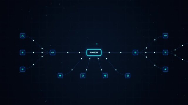 Digital neural network flowchart with glowing blue nodes and connecting data lines on dark grid