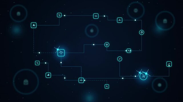 Digital technology network animation with glowing glowing icons and data lines connecting nodes