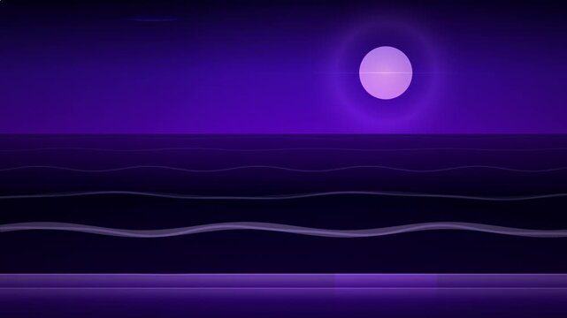 Retro synthwave purple moon over digital ocean waves grid pattern