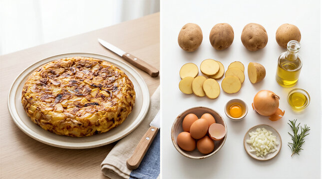 Side by side comparison of a cooked spanish omelette and its raw ingredients. Visual representation of traditional tortilla de patatas recipe, mediterranean cooking, and food prep.