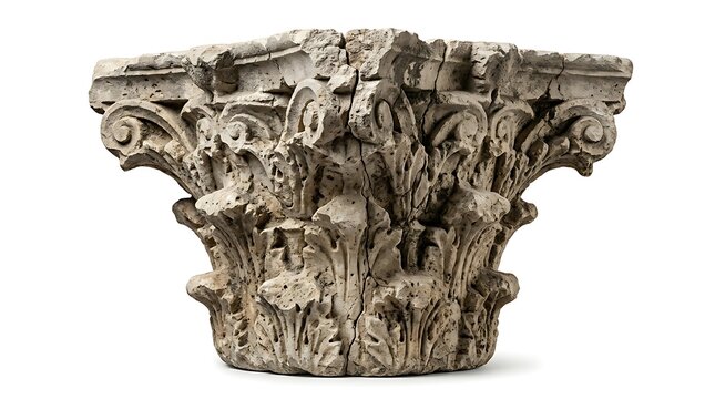 Ancient weathered stone column capital with decorative architectural carvings