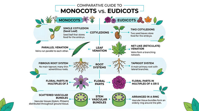 Educational infographic comparing monocot and eudicot plant anatomy features