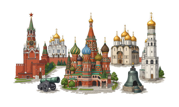 Iconic Moscow Kremlin and Saint Basils Cathedral architectural ensemble illustration.