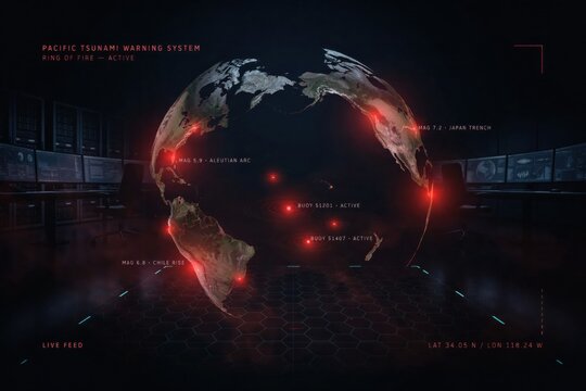 Futuristic Tsunami Warning System Interface, Digital Earth Map Displaying Active Global Threat Points, Dark Cyber Control Room HUD Background
