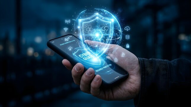 Hand holding smartphone with digital security shield icons