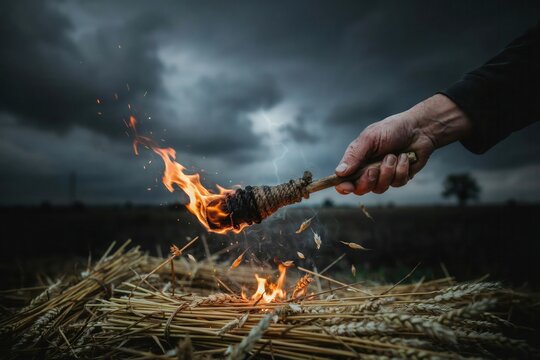 Dramatic wooden torch igniting dry straw, burning fire flame at dusk under stormy sky, hand holding flaming torch