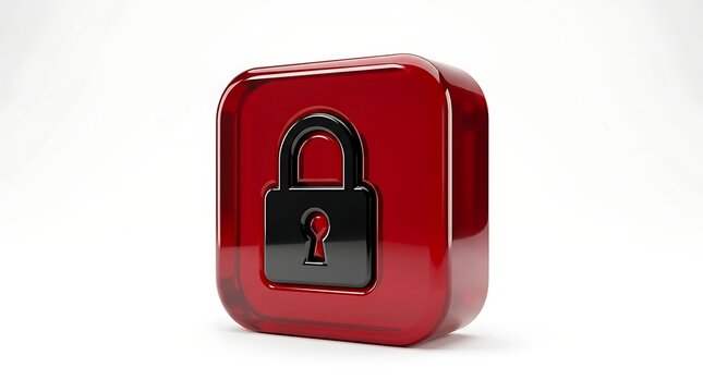 Red square glass button with black padlock symbol glass icon data protection security