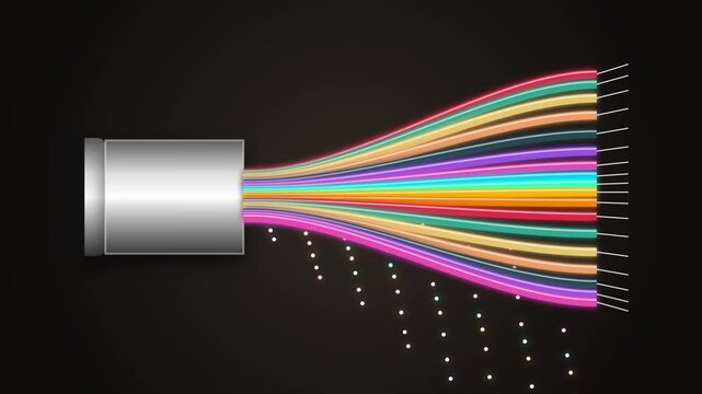 Neon glowing fiber optic cables transmitting digital data streams against dark black background