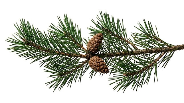 Fresh pine tree branch with two small brown cones evergreen branch coniferous tree