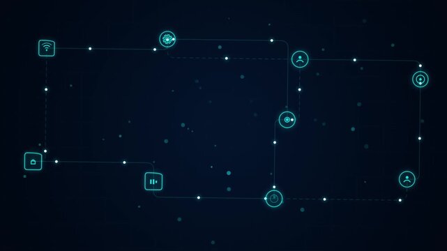 Network nodes and glowing data lines connecting digital icons in cyber security animation loop
