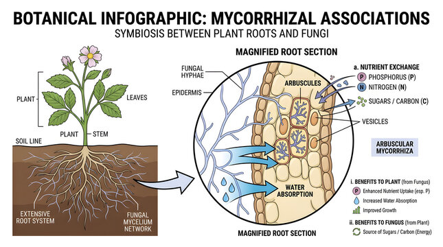 Botanical infographic explaining mycorrhizal associations between plant roots