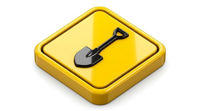 Isometric yellow button icon with a black shovel symbol construction sign digging tool