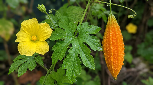 Ripe bitter melon fruit and yellow flower in the garden