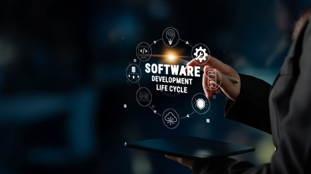 Conceptual representation of software development life cycle with modern technology icons and digital interface by a business professional holding a tablet Quark.