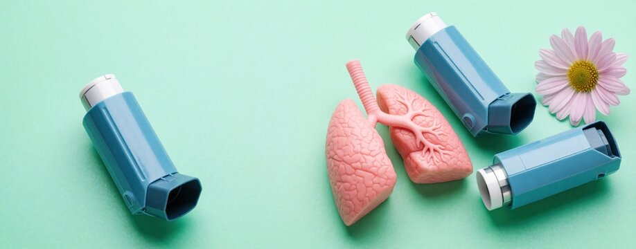 Blue asthma inhalers with pink human lung model, daisy flower on mint green background. Medical equipment for respiratory health, allergy relief, pulmonary treatment. Concept for breathing problems,