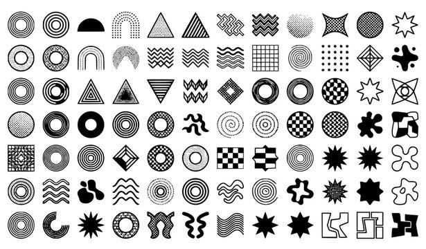 100 Retro Memphis Geometric Shapes Collection with Halftone Elements Vector Set