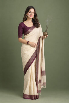 Elegant woman in traditional saree holding smoking incense burner for durga puja navratri and diwali worship against simple studio background with devotion