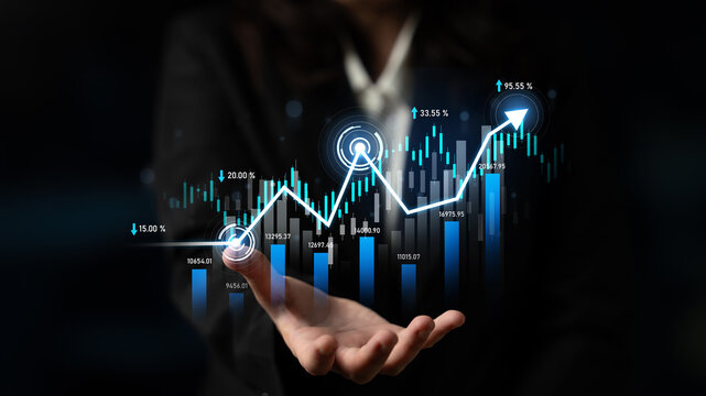 Businesswoman showcases a digital financial growth chart with rising statistics, illustrating concepts of investment success and performance in finance. Scalp