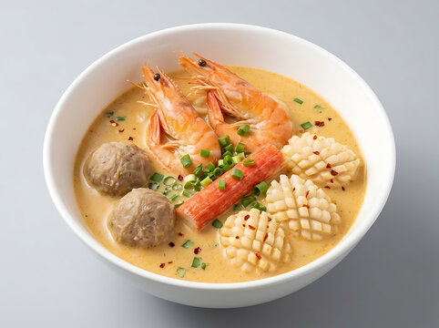 Creamy spicy seafood noodle soup bowl with shrimp and squid