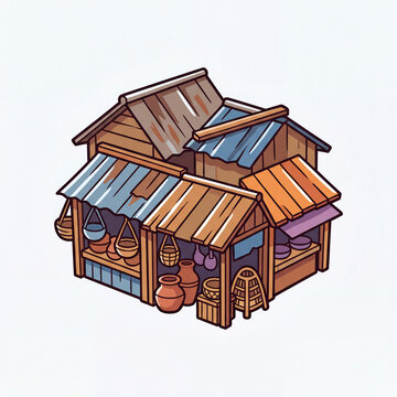 Authentic Indonesian Tropical Market in Cartoon Style