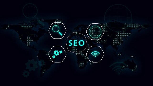 Marketing icons animation connects SEO and search tools on world map. Digital web traffic promotion analytics track on the icons. Online search engine optimization drives the marketing icons.
