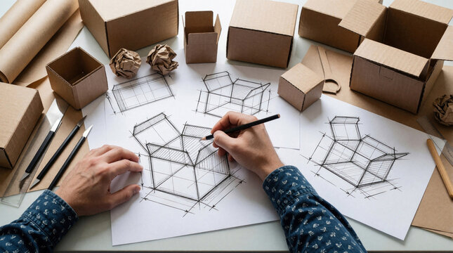 Pro designer sketches cardboard box packaging prototypes on white paper. Creative person uses pencil to draw technical layouts in studio workspace. Industrial design project involves planning