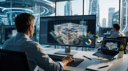 Obraz premium Architect engineers use BIM software to analyze building design on large computer screens. Pro team works with digital 3D model to improve energy efficiency, sustainability. Modern office with city