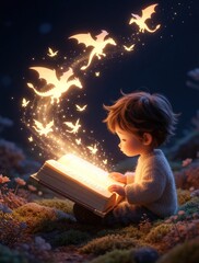 Obraz premium Little child reads magical glowing book in dark forest. Golden fantasy dragons fly out from open pages. Dreamy night scene with sparkles, light. Kid explores imaginary world through reading