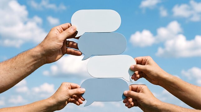 Hands holding blank speech bubbles against a bright blue sky with fluffy clouds representing communication