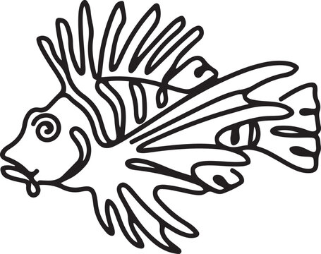 Single continuous line drawing of exotic stripped lionfish for company logo identity. Undersea monster mascot concept. one line Icon drawing