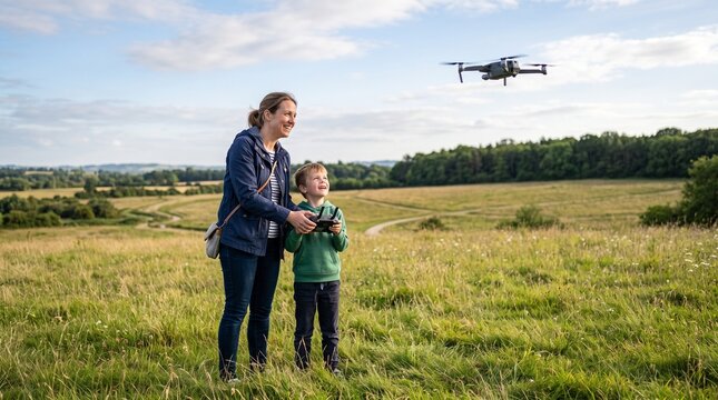 Mother and son flying drone outdoors in grassy field, family learning technology together, young boy controlling quadcopter in countryside