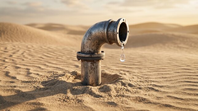 Old metal industrial pipe leaking a single drop of water in the middle of a dry desert with water scarcity desert landscape climate change water drought environmental crisis dry earth sand dunes