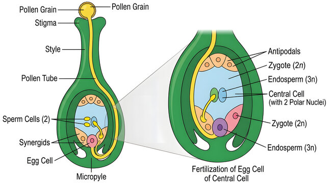 Detailed biological diagram of angiosperm double fertilization process