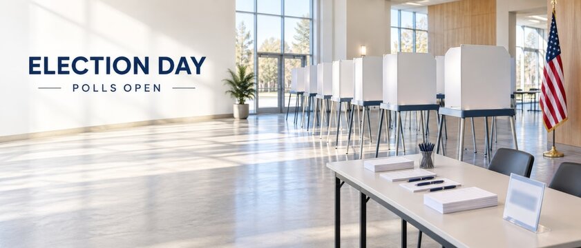Election Day polling place with voting booths, registration table, American flag, and Election Day Polls Open message in bright civic interior, offering copy space for political campaign and public信息