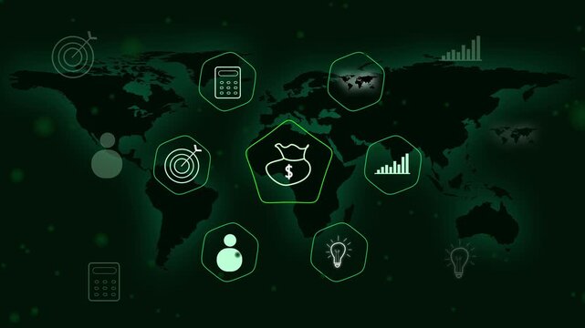 Business and finance icons animation connects across a world map. International monetary transactions link the business icons. Global economic analytics route around these business icons.