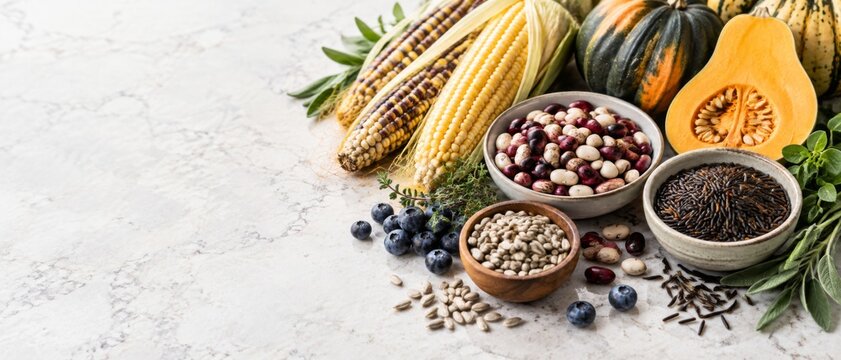 Native American Heritage Month food arrangement with heirloom corn, beans, squash, berries, seeds, and herbs on rustic marble surface, offering seasonal cultural symbolism and generous copy space for