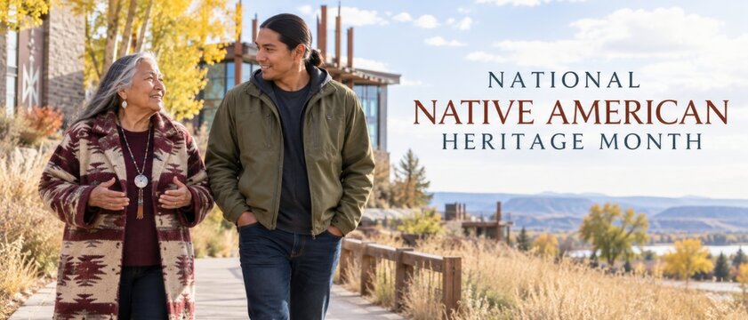 Native American couple walking outdoors during National Native American Heritage Month in November, with autumn landscape and heritage message, promoting cultural awareness, family connection, and -