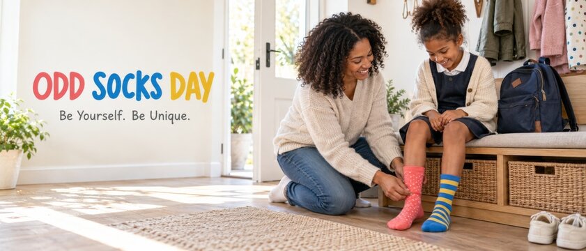 Odd Socks Day scene with mother helping child wear mismatched colorful socks, English wall message promoting individuality, family bonding, childhood inclusion, school awareness, and copy space
