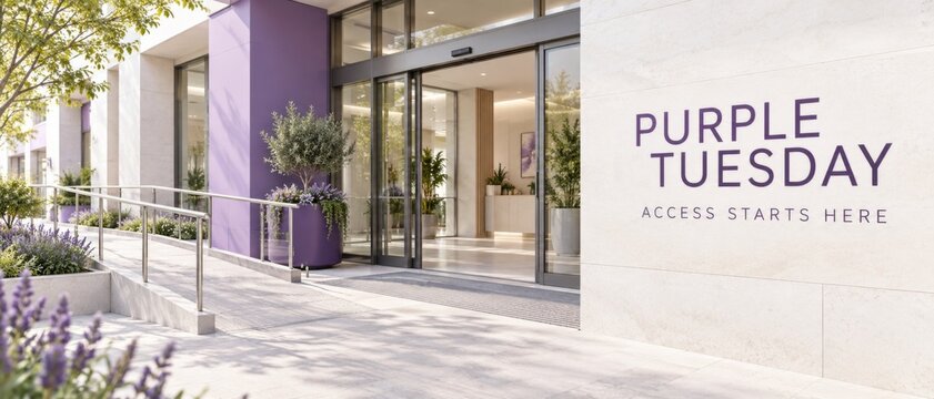 Purple Tuesday accessibility campaign displayed on modern building entrance in November, with purple signage, accessible ramp, glass doors, planters, and copy space for inclusive business marketing