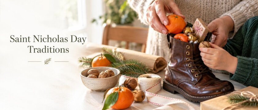 Saint Nicholas Day traditions with children filling leather boot beside mandarins, walnuts, cookies, and evergreen branches, featuring English greeting text and spacious festive holiday background for