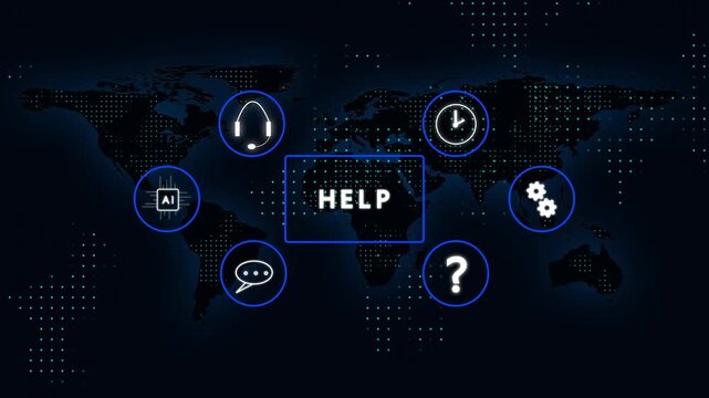 Help and support icons animation links across a digital world map. Online customer assistance telemetry routes on the support icons. Global service troubleshooting connects through these icons.