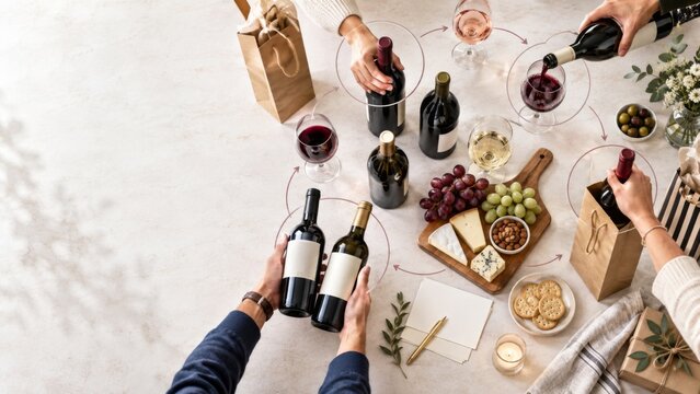 Wine exchange party arranged overhead with hands sharing bottles, glasses, grapes, cheese, and gift bags on marble surface, featuring generous copy space for event promotion, hospitality, and social